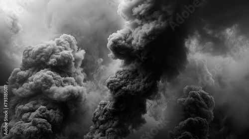 A monochrome photo showing a cloudy grey sky with cumulus clouds emitting smoke, capturing a unique meteorological and geological phenomenon in the atmosphere photo