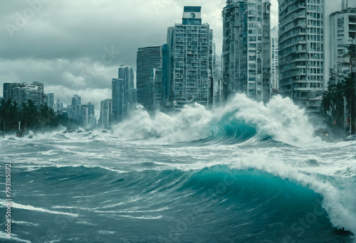 Tsunami hits city, giant sea waves attack buildings.