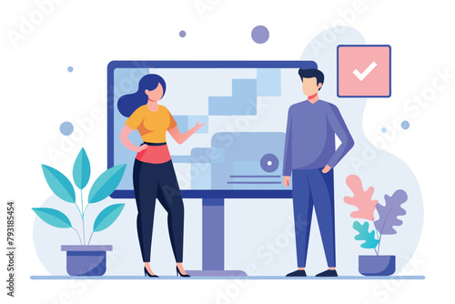 A man and a woman are standing in front of a flat screen TV, A woman standing in front of a graphics computer, Simple and minimalist flat Vector Illustration