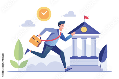A man in a business suit is sprinting with a briefcase in hand, illustration of a man running from the bank with a clock, Simple and minimalist flat Vector Illustration