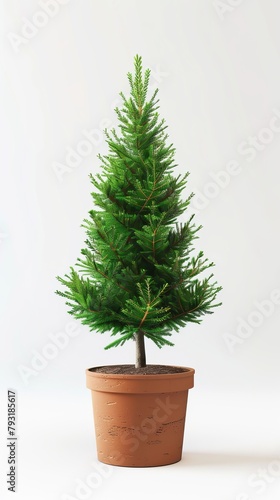 3d small Christmas tree in a flowerpot with space for text on a white background.