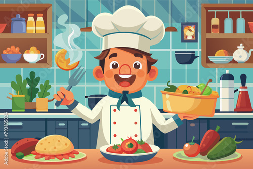 A charismatic chef with a friendly smile and a chef's hat, preparing a mouthwatering dish in a bustling kitchen.