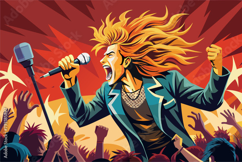 A charismatic rockstar with a wild mane of hair and a powerful microphone, electrifying a crowd.