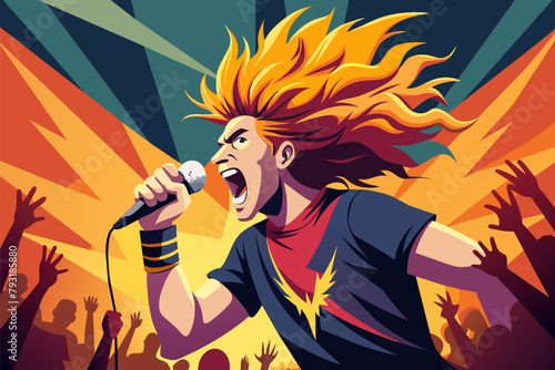A charismatic rockstar with a wild mane of hair and a powerful microphone, electrifying a crowd.