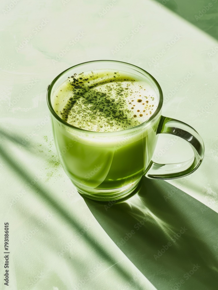 prepared matcha tea in a glass mug. prepared matcha tea in a glass mug.