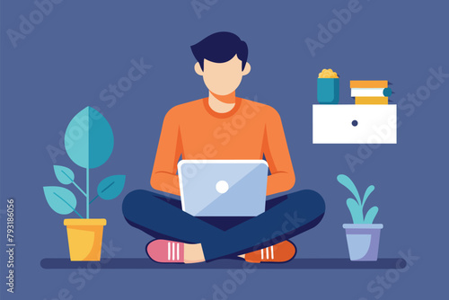 A man sitting on the floor working on a laptop computer, a man sitting on a chair in front of a computer with a game sign, Simple and minimalist flat Vector Illustration