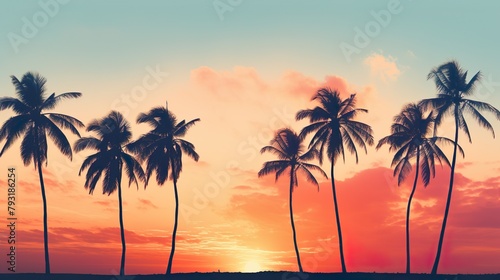 The serene scene captures the beauty of a tropical sunset with palm tree silhouettes against a vibrant sky