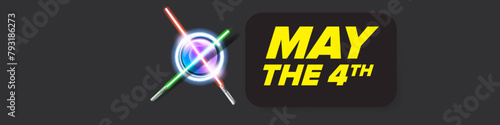 May the 4th vector illustration with glowing light saber on dark space background without stars. May the 4 banner design template with laser sword