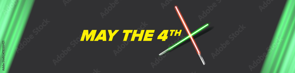 Fototapeta premium May the 4th vector illustration with glowing light saber on dark space background without stars. May the 4 banner design template with laser sword