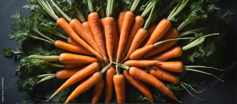 Orange carrots with green leaves. Fresh vegetables background. Top view Orange carrots with green leaves. Fresh vegetables background. Top view