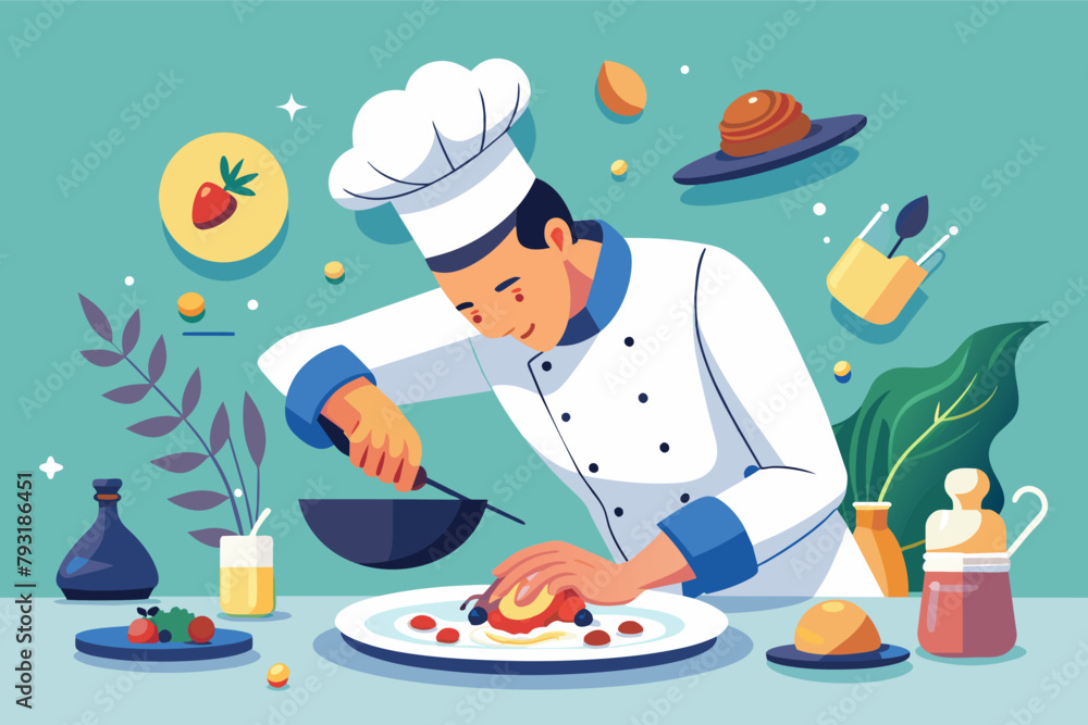 A chef meticulously plating a Michelin-star dish, each element arranged with precision.