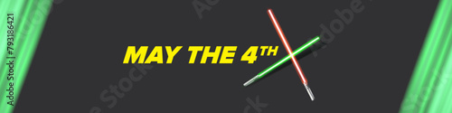 May the 4th vector illustration with glowing light saber on dark space background without stars. May the 4 banner design template with laser sword