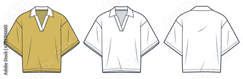 Polo Shirt technical fashion illustration. Cropped Top fashion flat technical drawing template, short sleeve, polo collar, oversize, front, back view, white, yellow, women, men, unisex CAD mockup set.