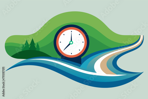 A classic clock icon redesigned with a flowing river, symbolizing the passage of time.