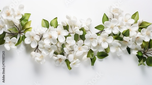 A delicate arrangement of white blossoms with lush green leaves against a pristine bright white backdrop
