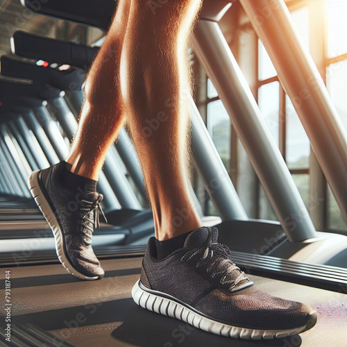 Running Strong: Close-Up of Feet Pounding the Treadmill. Workout Focus. generative AI photo