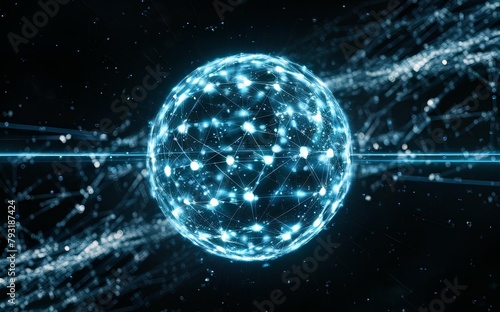 A Glowing Digital Sphere Formed by Interconnected Nodes and Lines Representing a Network of Data and Information in a Dark Background Illuminated by Blue Light