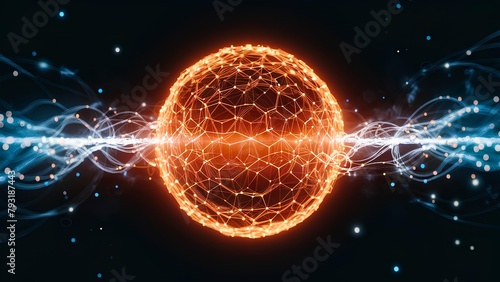 A Glowing Digital Sphere Formed by Interconnected Nodes and Lines Representing a Network of Data and Information in a Dark Background Illuminated by golden Light