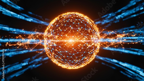 A Glowing Digital Sphere Formed by Interconnected Nodes and Lines Representing a Network of Data and Information in a Dark Background Illuminated by golden Light