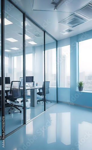 modern bright office with large panoramic windows and plants for environmental and psychological relaxation  work in a modern office