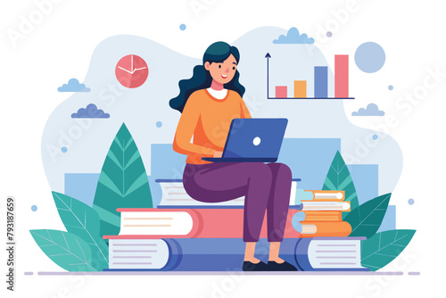 A woman sitting on a stack of books while using a laptop, Illustration of a woman sitting on a pile of data with a laptop, Simple and minimalist flat Vector Illustration