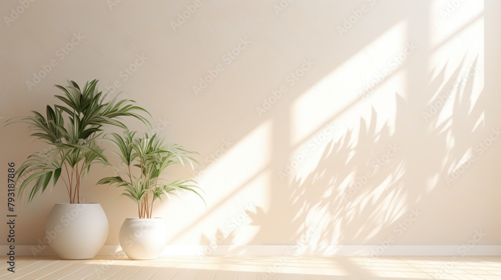 This image captures a modern interior scene with green plants casting shadows in the sunlight, representing freshness and life