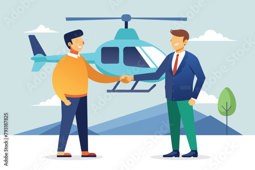 Two men are shaking hands in front of a helicopter, illustration of two men shaking hands in front of a helicopter, Simple and minimalist flat Vector Illustration