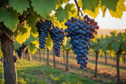 Clusters of grapes hanging on vines at sunrise