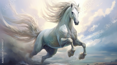 Mystical and powerful  a white horse runs with vigor against a fantasy-like backdrop  invoking a sense of wonder