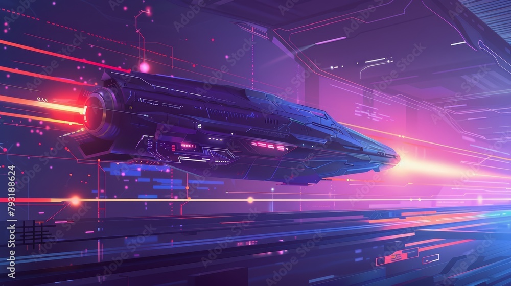 Spaceship with dynamic light trails speeding through a futuristic corridor.