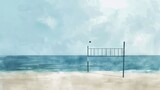 Watercolor art of Beach volleyball net on pristine sandy beach with clear turquoise sea. Volleyball court by the ocean. Concept of summer sports, beach activities, and tropical vacation.