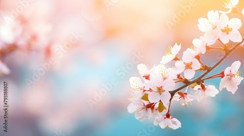 Dreamy cherry blossoms in soft focus, with a beautiful blue and bokeh background representing spring