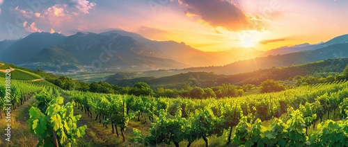 Extra wide panoramic shot of a summer vineyard shot at sunset. AI generated illustration