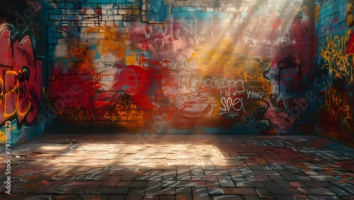 Colorful graffiti on a brick wall with layers of tags in sunlight. Concept Graffiti Art, Urban Photography, Street Art, Colorful Wall, Sunlit Scene