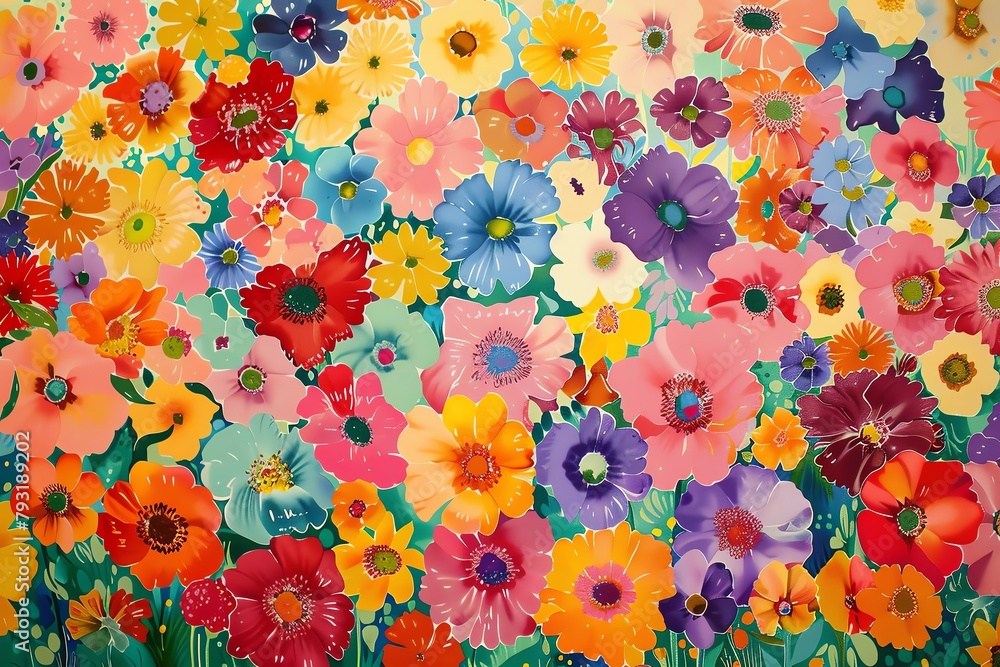 A field of colorful flowers painted in a watercolor style. A field of colorful flowers painted in a watercolor style.