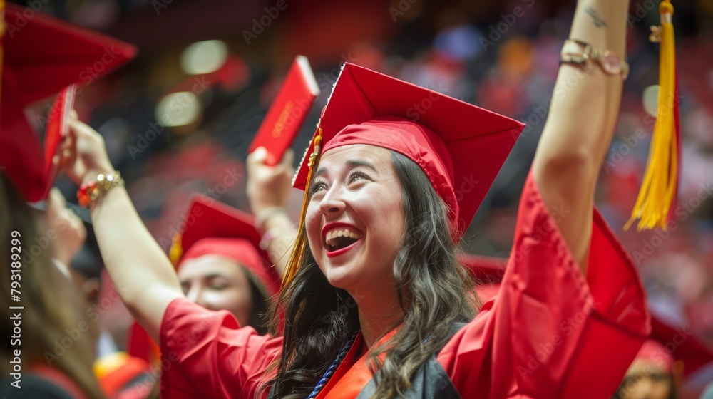 Exuberant female graduate in red cap and gown celebrating at graduation ceremony