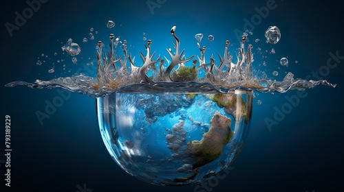 A creative representation of Earth surrounded by a dramatic water splash, showcasing a powerful environmental message and the beauty of nature photo