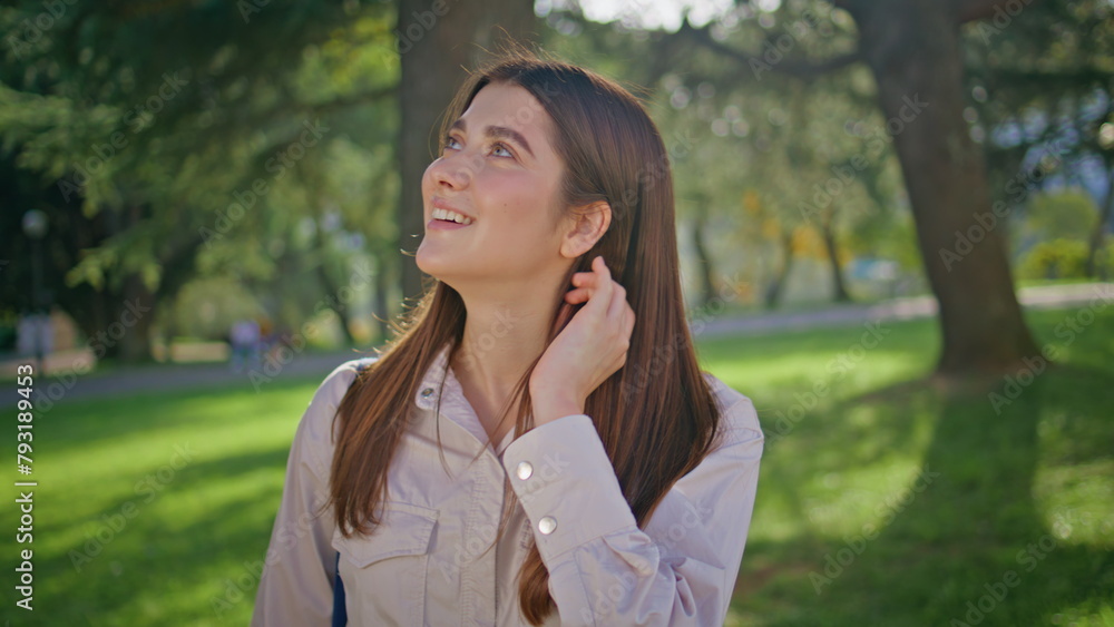 Joyful student smiling park feeling happiness at weekend portrait. Happy girl Joyful student smiling park feeling happiness at weekend portrait. Happy girl