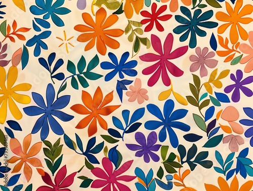 A colorful floral pattern with a white background. The flowers are in various colors  including pink  blue  yellow  and orange. The leaves are in various shades of green. The pattern is seamless and c