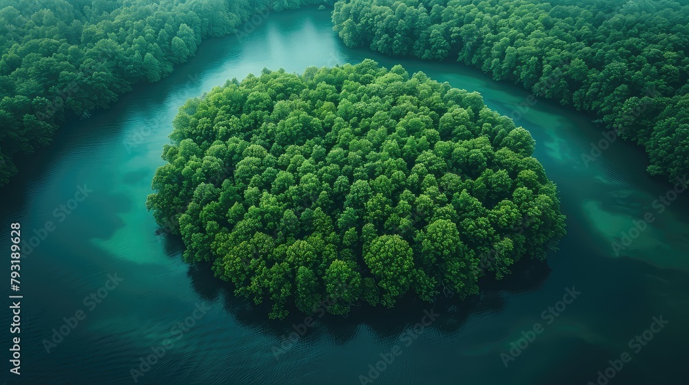 The island in Ukraine is covered with forest and surrounded by river waters and forest around. Oxygen from the eco-forest offsets carbon emissions by automating carbon offsetting projects 