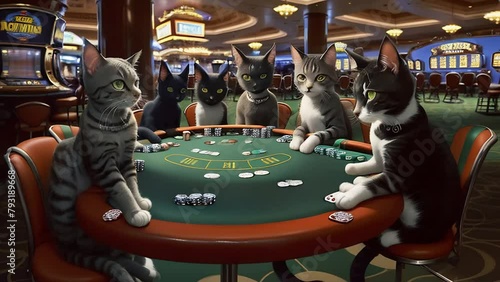Cats sitting on chairs around casino table with chips playing game of poker photo
