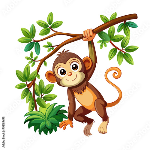 Cute baby monkey hanging on tree © Oleksiy