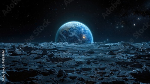 Beautiful planet Earth rising over the Moon  an iconic aerospace photograph of our blue planet. An iconic view of the Earth rising above the Moon. Our blue planet from the surface of the Moon. 