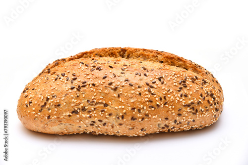 Bread with grains and flax seeds on a white background
