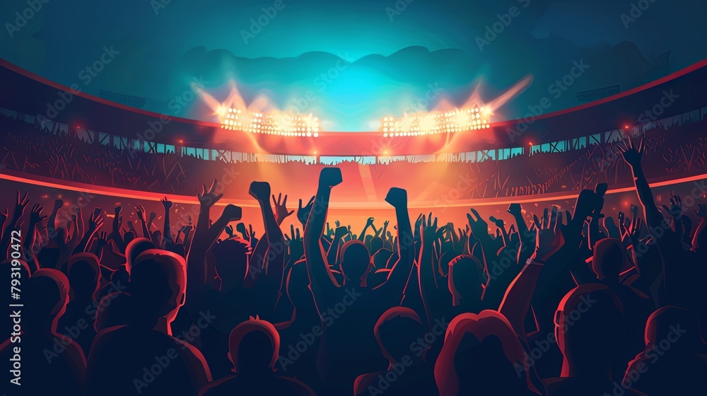 Excited audience at a live music festival during sunset. Colorful digital illustration of a concert event concept.
