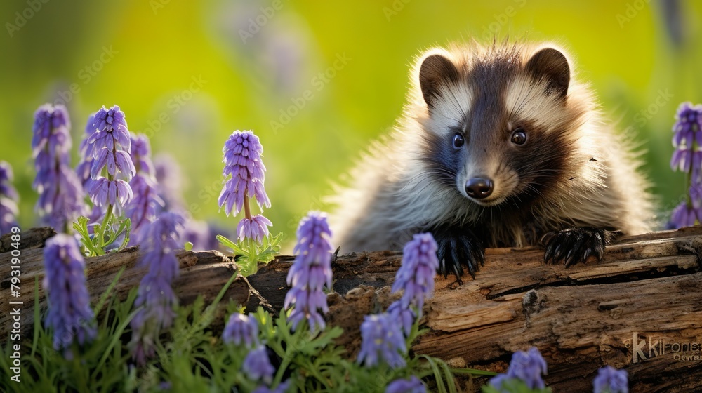 A curious pine marten with glossy fur peeks over a wooden log amidst vibrant purple bellflowers in a sunlit green field, creating a captivating wildlife portrait A curious pine marten with glossy fur peeks over a wooden log amidst vibrant purple bellflowers in a sunlit green field, creating a captivating wildlife portrait