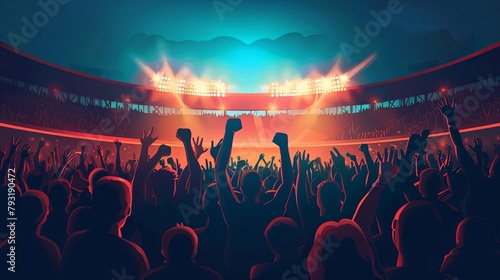 Excited audience at a live music festival during sunset. Colorful digital illustration of a concert event concept. © ANStudio