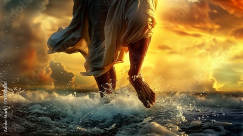 Jesus walks on water during a storm at sea waves ocean miracle © willian