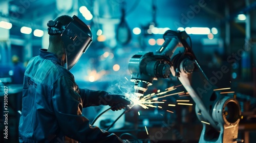 Industrial welder at work in manufacturing plant