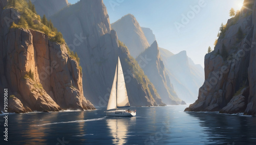A Relaxed Scene of a Sailboat Gracefully Navigating Peaceful Waters Near Rocky Cliffs, Illuminated by Sunlight.